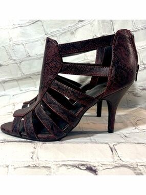 SOLE DIVA Heeled Gladiator Shoe Burgundy/Black Snake Print-8(Wide)